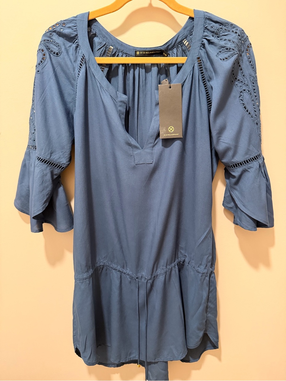 ViX Paula Hermanny Solid Embroidery Chemise Blue-Grey,short dress, cover-up M